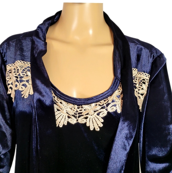 Celine Style Sexy 3 Pieces Pajamas ,Sleepwear Robe Velvet, Blue - Picture 5 of 11
